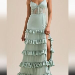 $248 NEW ALTAR'D STATE GREEN SATIN MALINDA RUFFLE LACE CORSET MAXI DRESS SZ XL